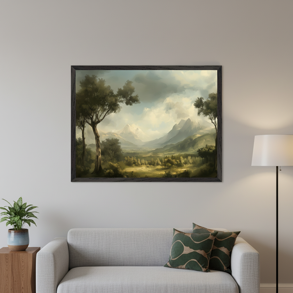 Modern living room with a light gray sofa against a light gray wall. A large framed landscape painting of a valley, mountains, and trees hangs centered above the sofa. A potted plant on a wooden side table and a black floor lamp are also visible.