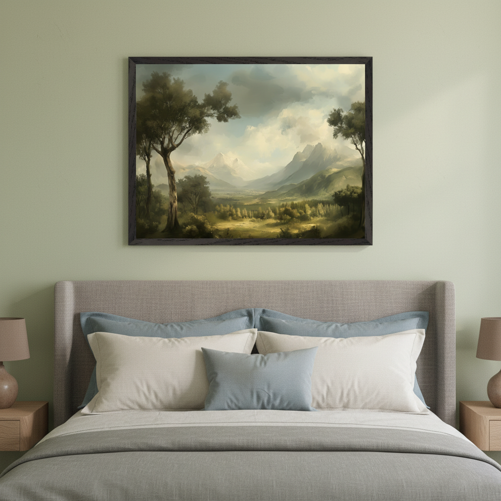 Modern bedroom with a grey upholstered bed. A large framed landscape painting of a valley with trees, mountains, and a cloudy sky hangs centered above the bed.