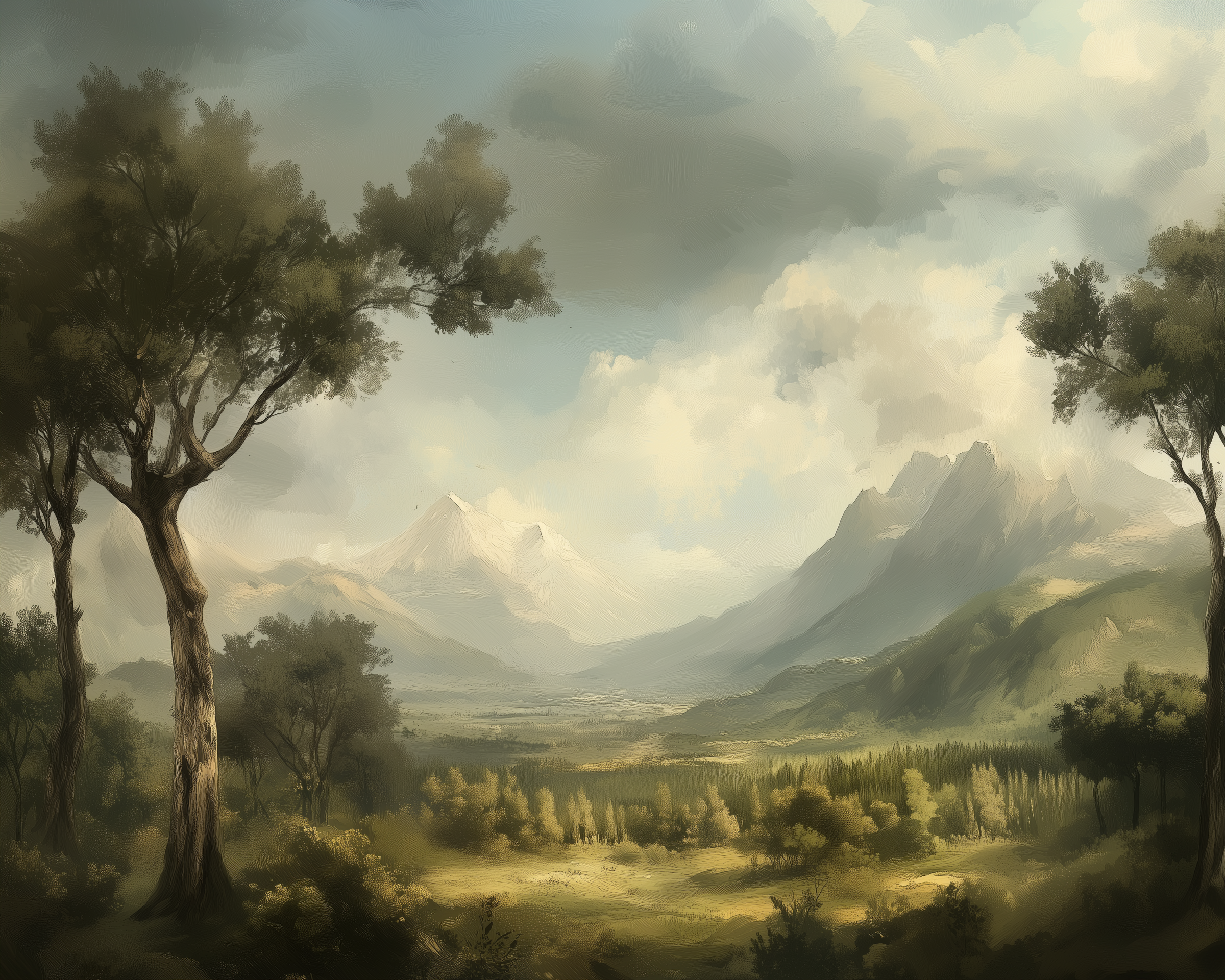 Lush and detailed painting of a mountain range with scattered trees and a sunlit valley, under a sky of billowing clouds in soft golden morning light.