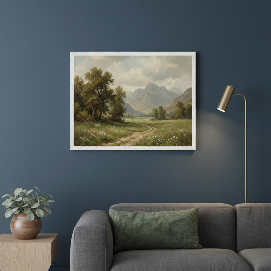 Modern living room with a gray sofa and wood side table. A large, framed realistic landscape painting hangs centered above the sofa, depicting a dirt path through a field with trees and mountains under a cloudy sky.