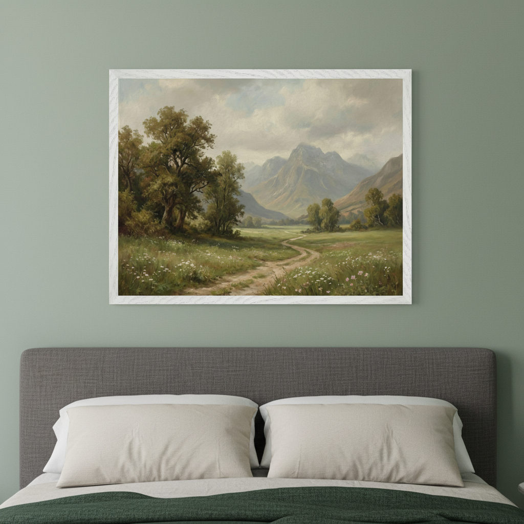 Bedroom with a gray upholstered bed and light beige pillows. A framed landscape painting depicting a winding path through a grassy field with trees, mountains, and a cloudy sky hangs centered above the bed on a sage green wall.