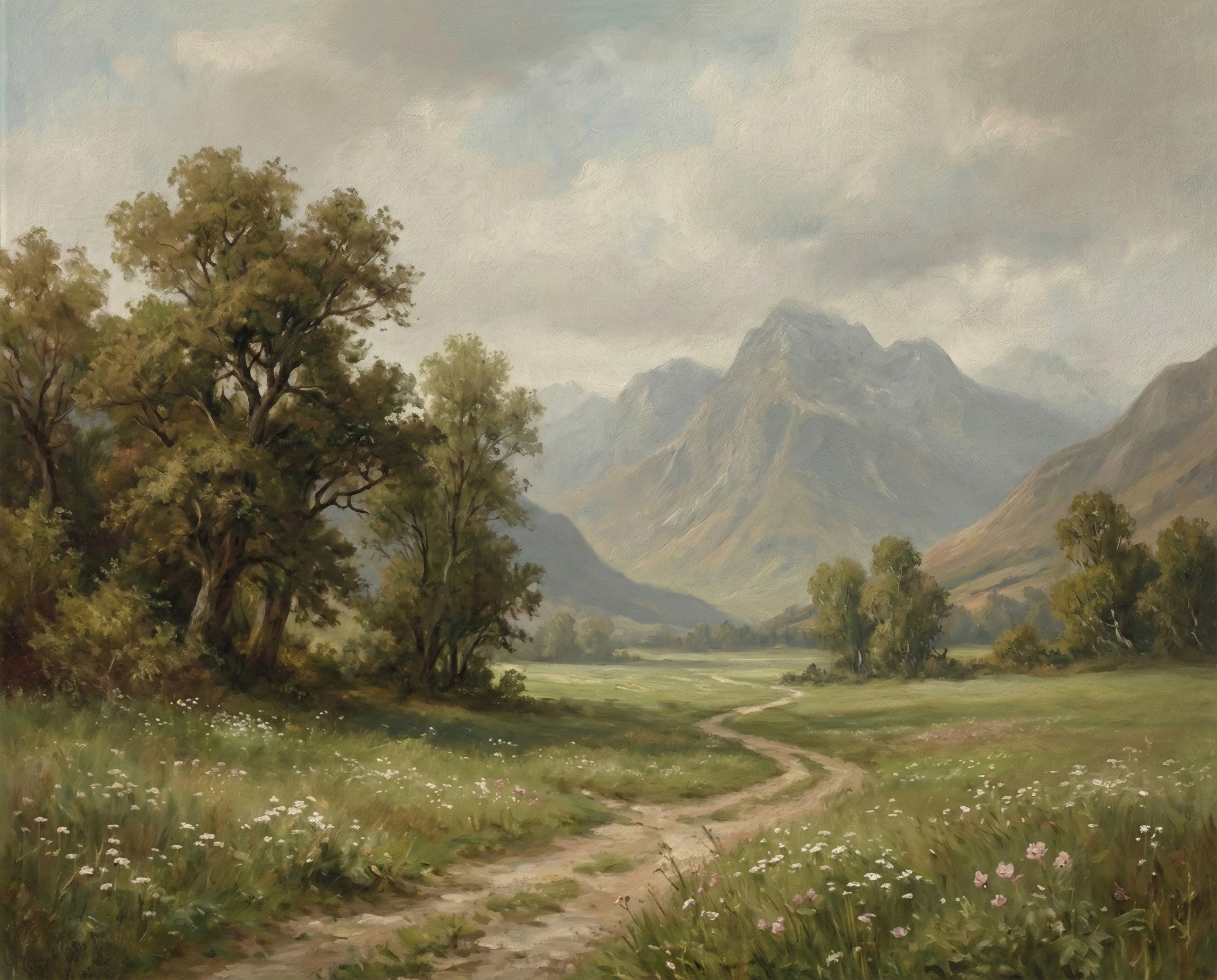 A classic, detailed painting depicting a beautiful pathway winding through a meadow with distant mountains in the background. The lush greenery and natural beauty make this piece a timeless and peaceful addition to any home, evoking the serenity of the outdoors.