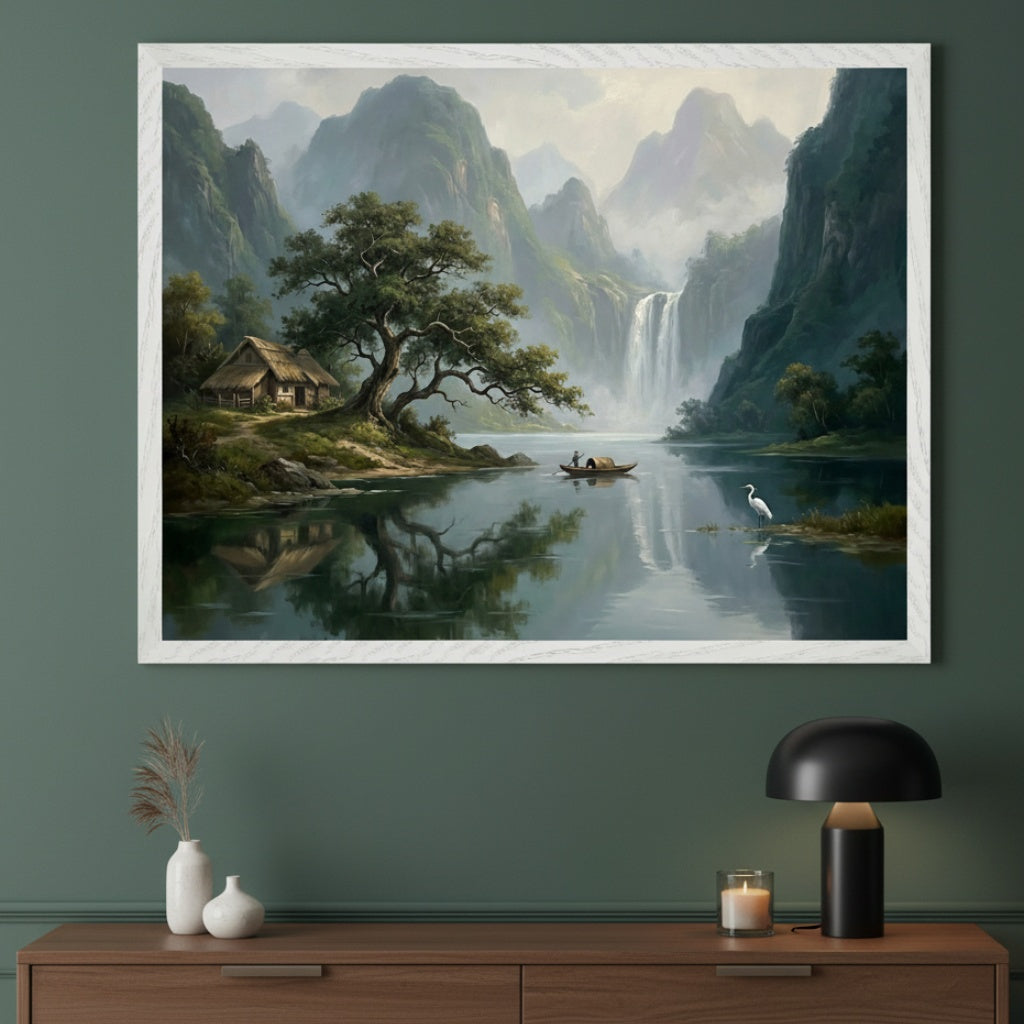 Modern room with dark green walls over a wooden cabinet. A large white-framed landscape painting hangs centered above the cabinet. It shows misty mountains, a waterfall, a lake with a hut, a tree, a person in a boat, and a white bird.