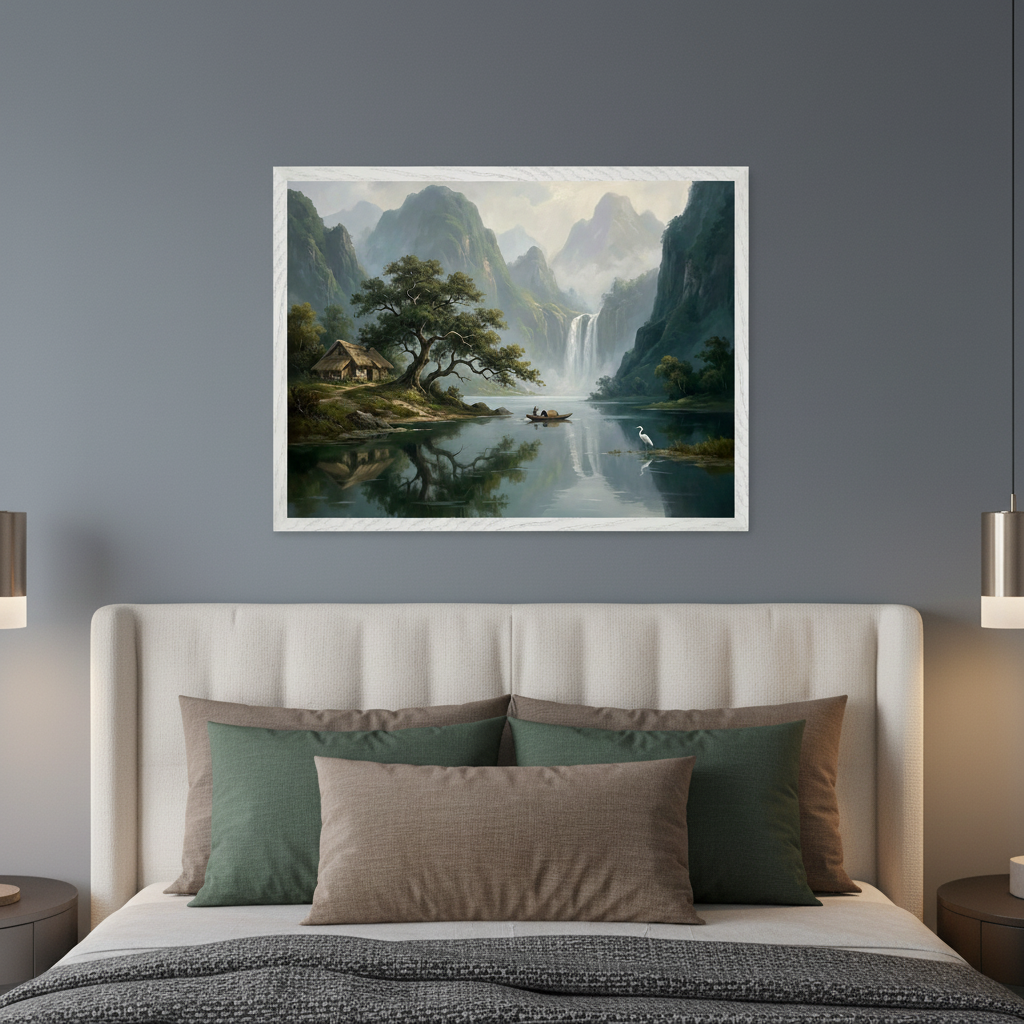 Modern bedroom with an upholstered bed. A framed landscape painting featuring misty mountains, a waterfall, a lake with a hut, tree, boat, and a bird, hangs centered above the bed.