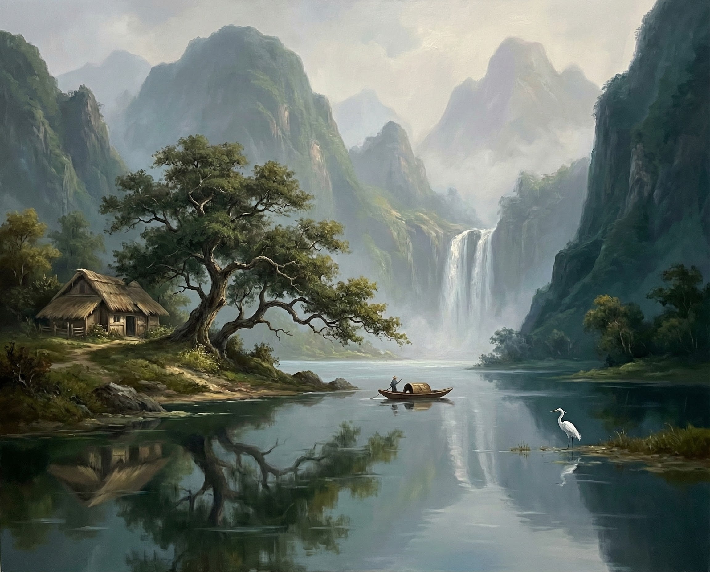 Realistic painting of a calm river with a small boat a white egret and a distant waterfall surrounded by towering misty mountains ideal for tranquil landscape wall art

