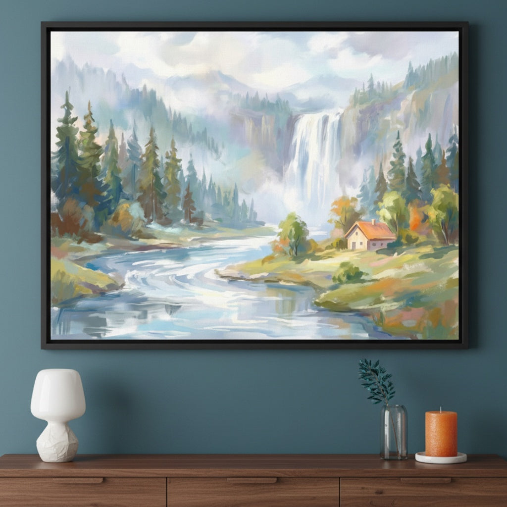 Modern living room with a dark wood dresser. A large framed painterly landscape of a waterfall, river, forest, and a small house hangs centered above the dresser. A white lamp, vase, and candle sit on the dresser.