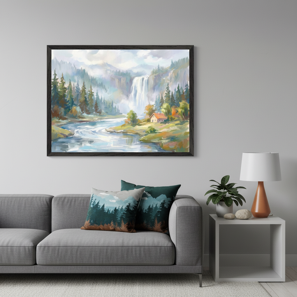 Living room with a gray sofa and white side table. A large framed impressionistic painting of a waterfall, winding river, forest, and small cabin hangs centered above the sofa.