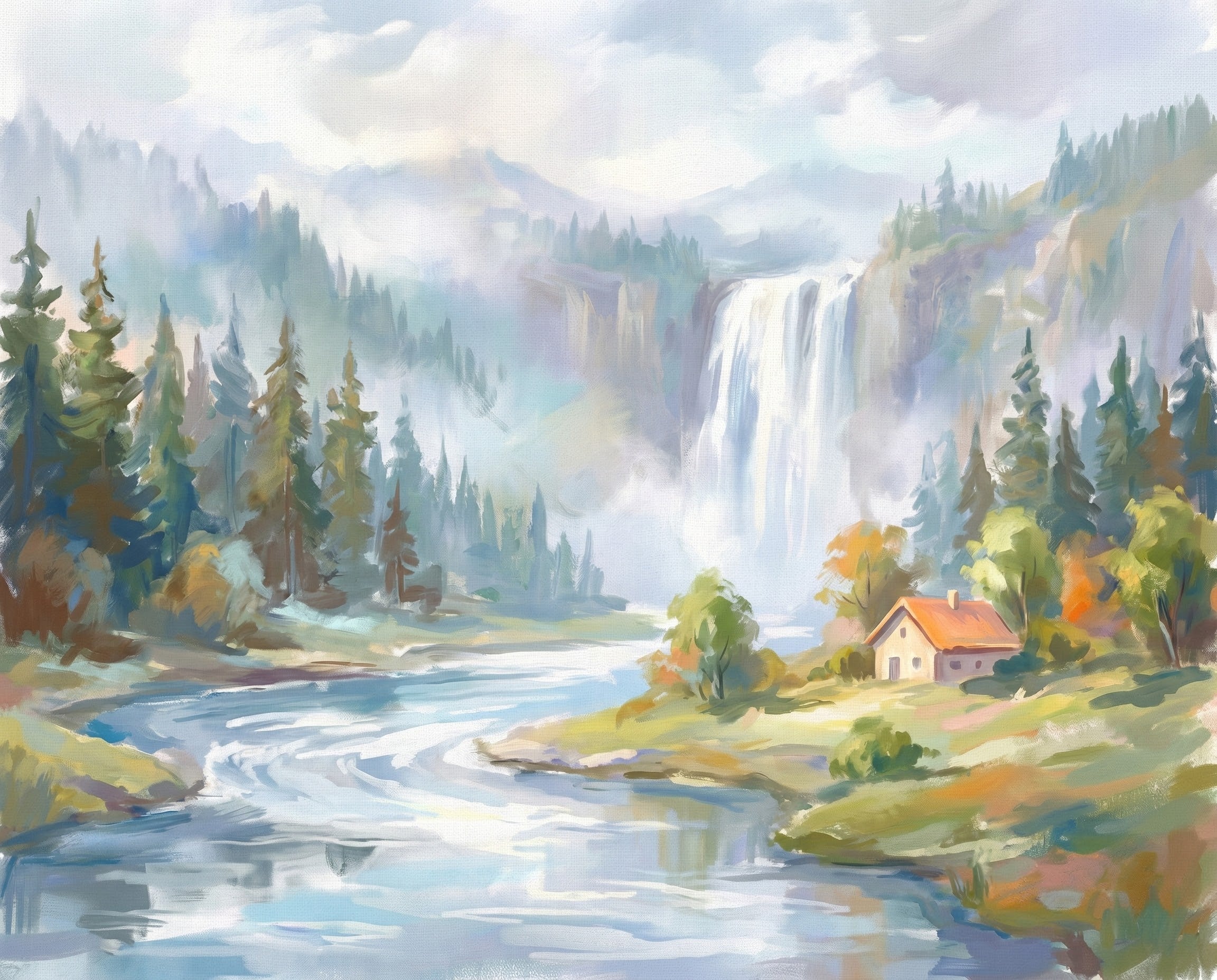 Soft pastel landscape of a river bending past a cottage with misty pine trees and a tall waterfall in the background cozy and dreamy wall art for kids and adults
