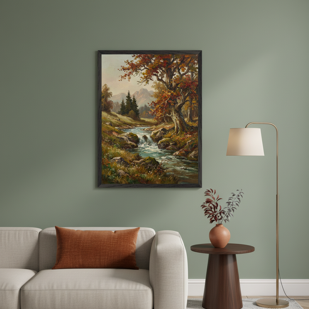 Living room with a beige sectional sofa and rust pillow. Above it, a framed oil painting depicts an autumn landscape with a stream, trees, and mountains. A dark brown side table with a vase and a gold floor lamp are to the right.