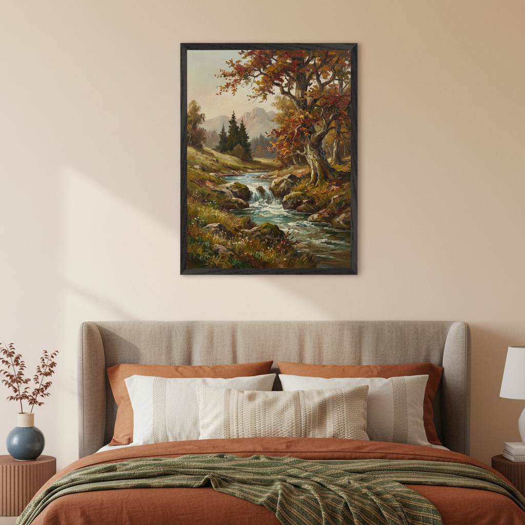 Bedroom with a large bed, fabric headboard, and rust bedding. A framed painting of an autumn landscape with a winding stream, a large tree with red leaves, and distant mountains hangs above the bed.