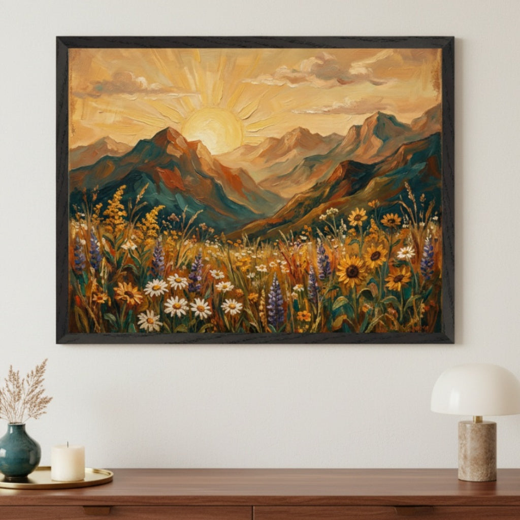 Modern living room with a brown wooden dresser. A large black-framed painting hangs centered above, depicting a vibrant mountain landscape at sunrise with a field of wildflowers including sunflowers, daisies, and lupines.