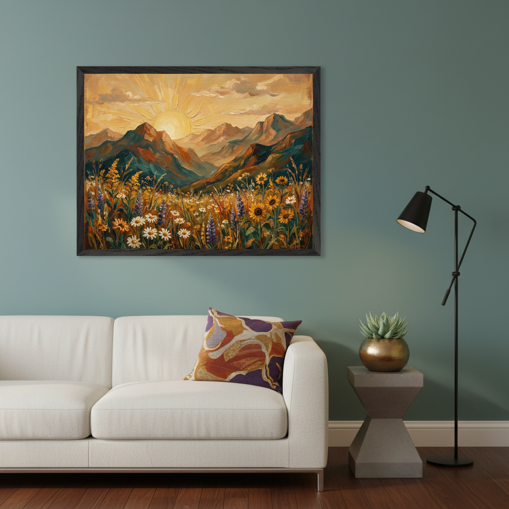Modern living room with a white sofa against a teal wall. A large framed textured oil painting hangs above the sofa, depicting a mountain range and a field of sunflowers, daisies, and lupines under a bright sun.