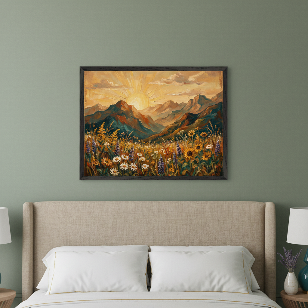 Modern bedroom with sage green walls. A large bed with a beige upholstered headboard. Centered above the bed, a framed painting of a vibrant mountain landscape at sunset with a field of wildflowers (sunflowers, daisies, purple flowers) in a textured style.