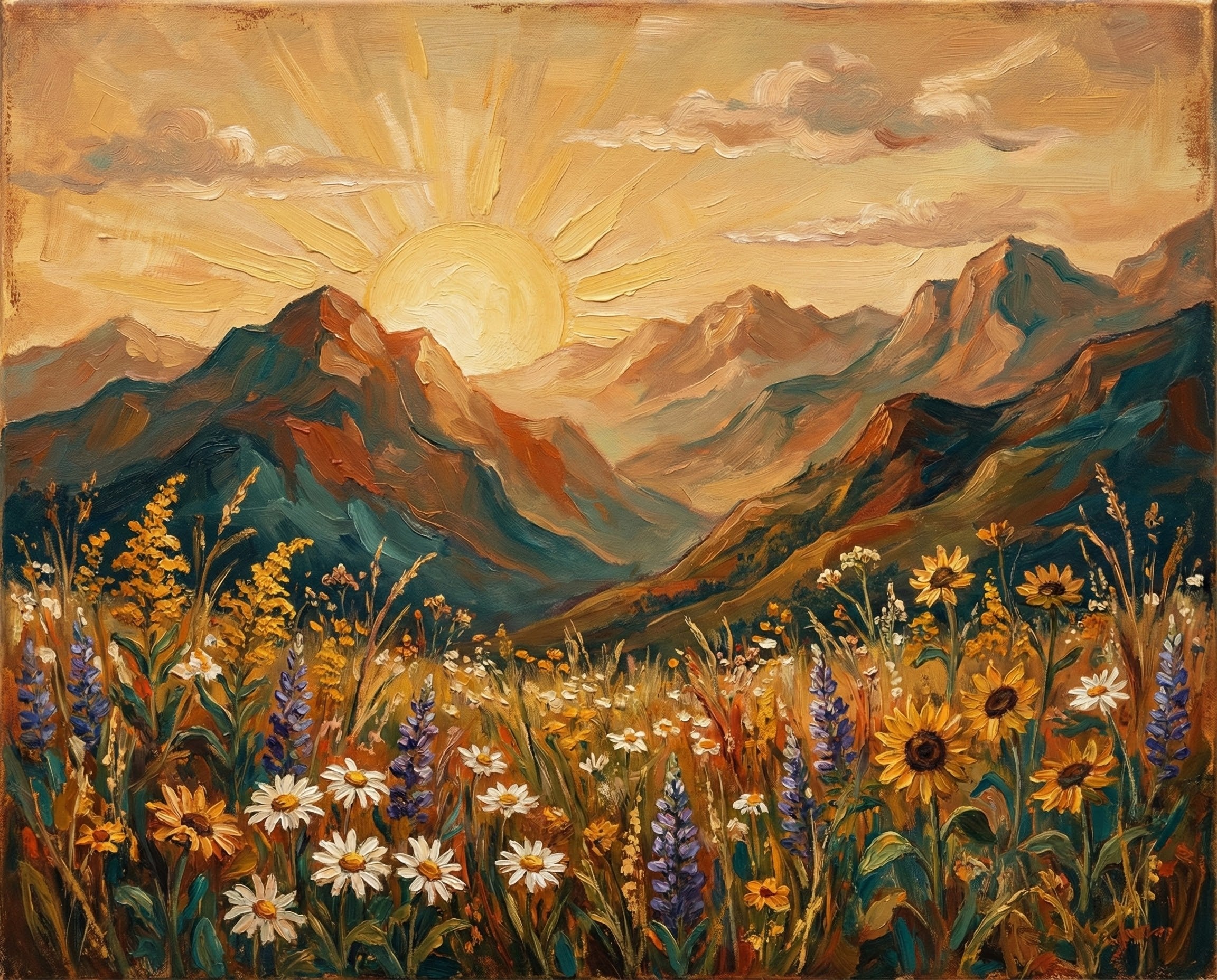Oil painting of a golden sunrise over mountain peaks with a foreground full of blooming wildflowers like daisies sunflowers and lupines perfect for vibrant nature wall art
