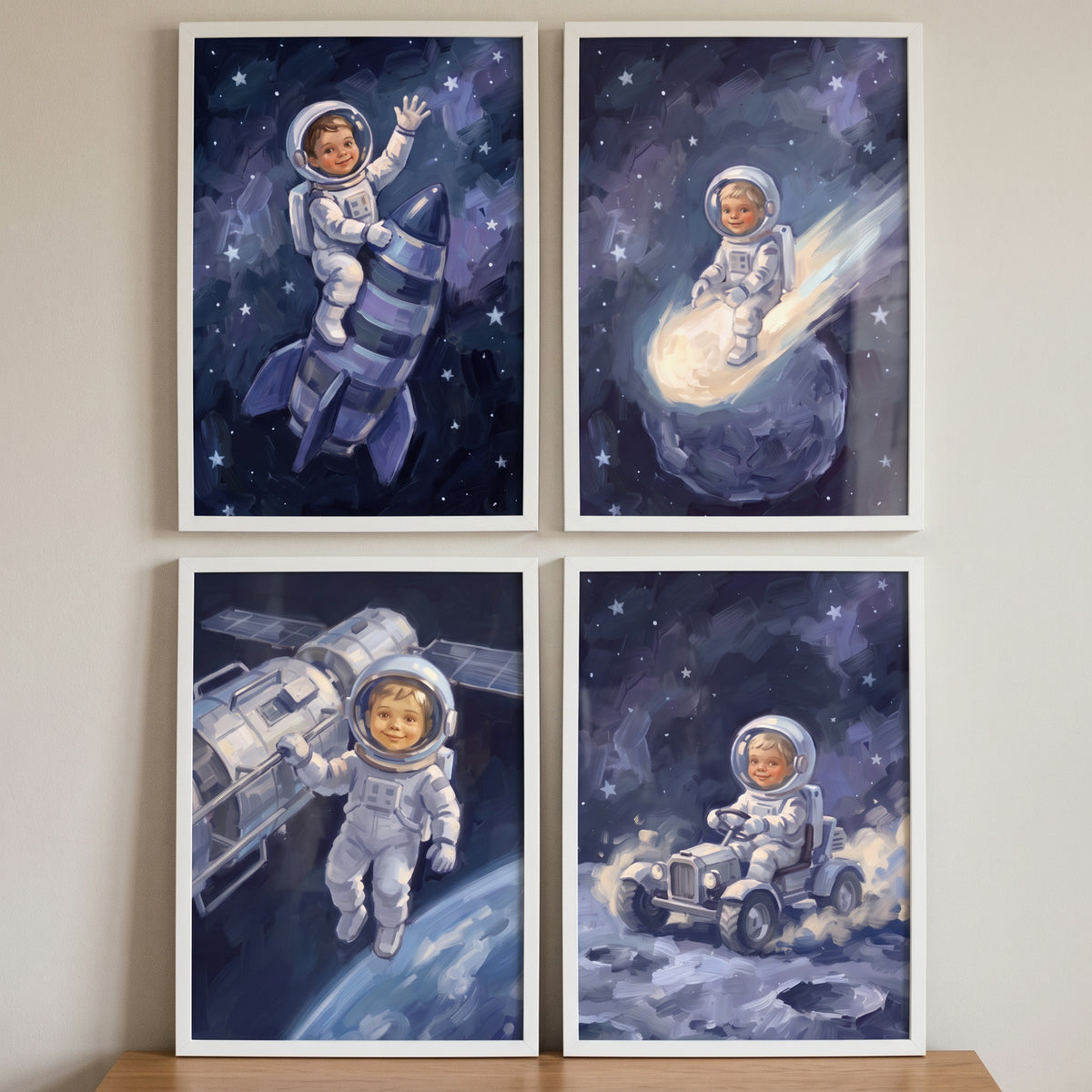 Lapis lazuli baby astronaut wall art set of 4 featuring a child on a rocket, comet, space station, and moon rover.