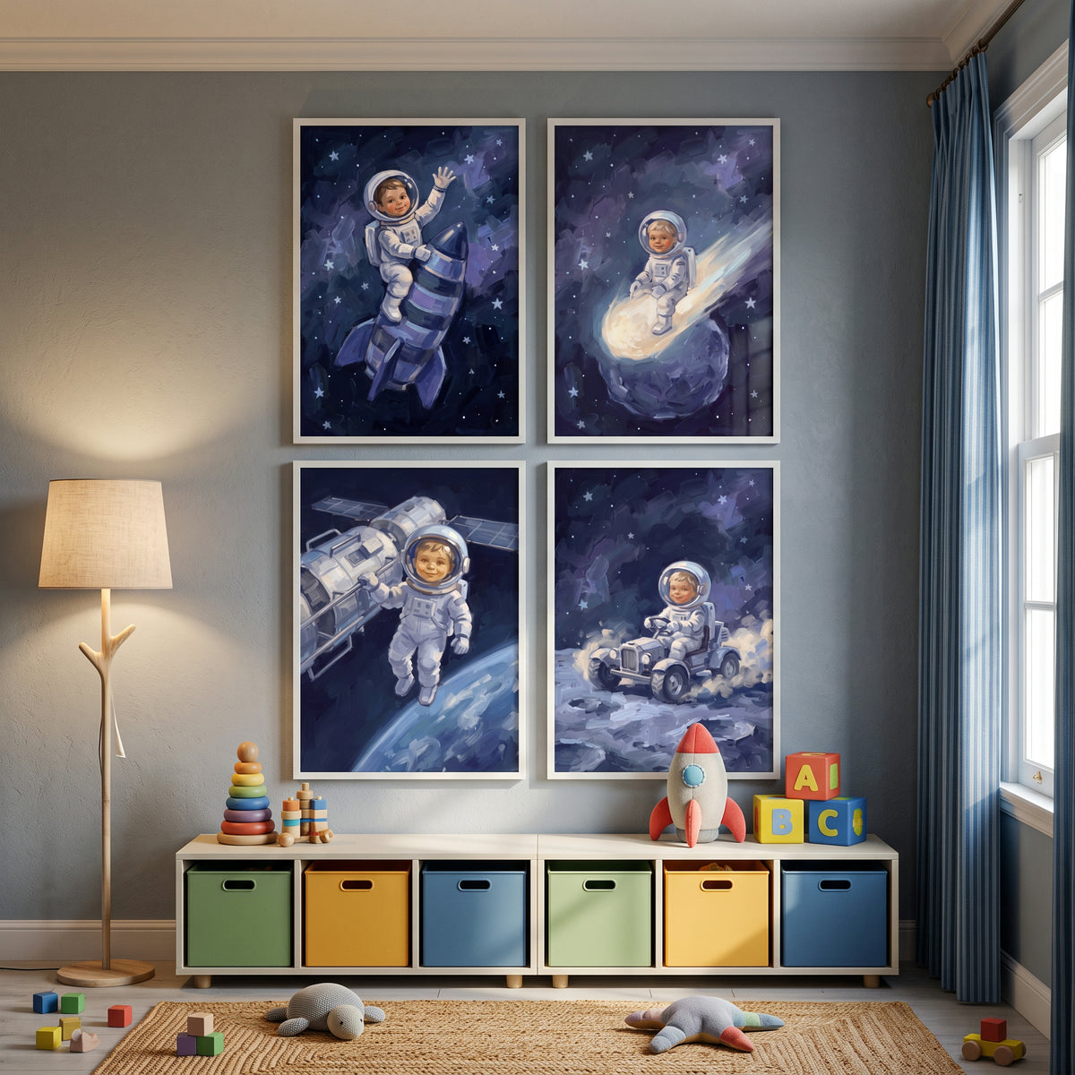 Lapis Lazuli Baby Astronaut Wall Art Set of 4 - Galactic Baby Dreams