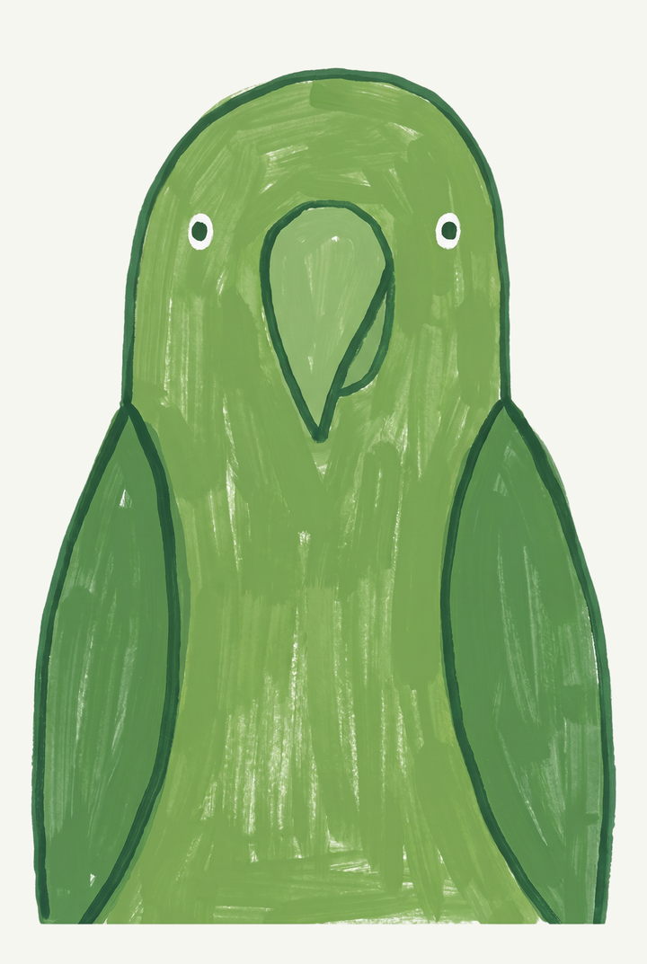 Minimalist large beak green parrot print with textured green strokes, small white eyes, and dark green outlines.