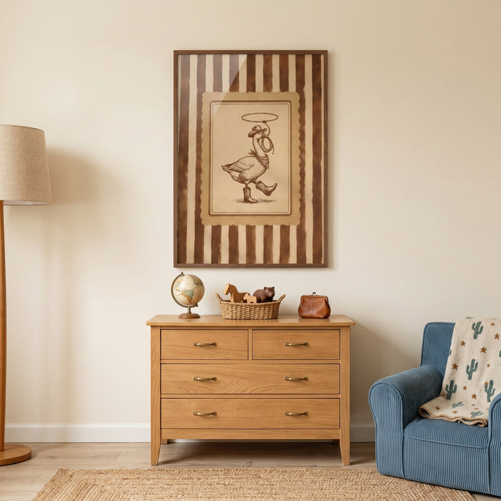 Lasso spinning cowboy goose wall art hangs above a wooden dresser next to a blue armchair with a cactus print blanket.