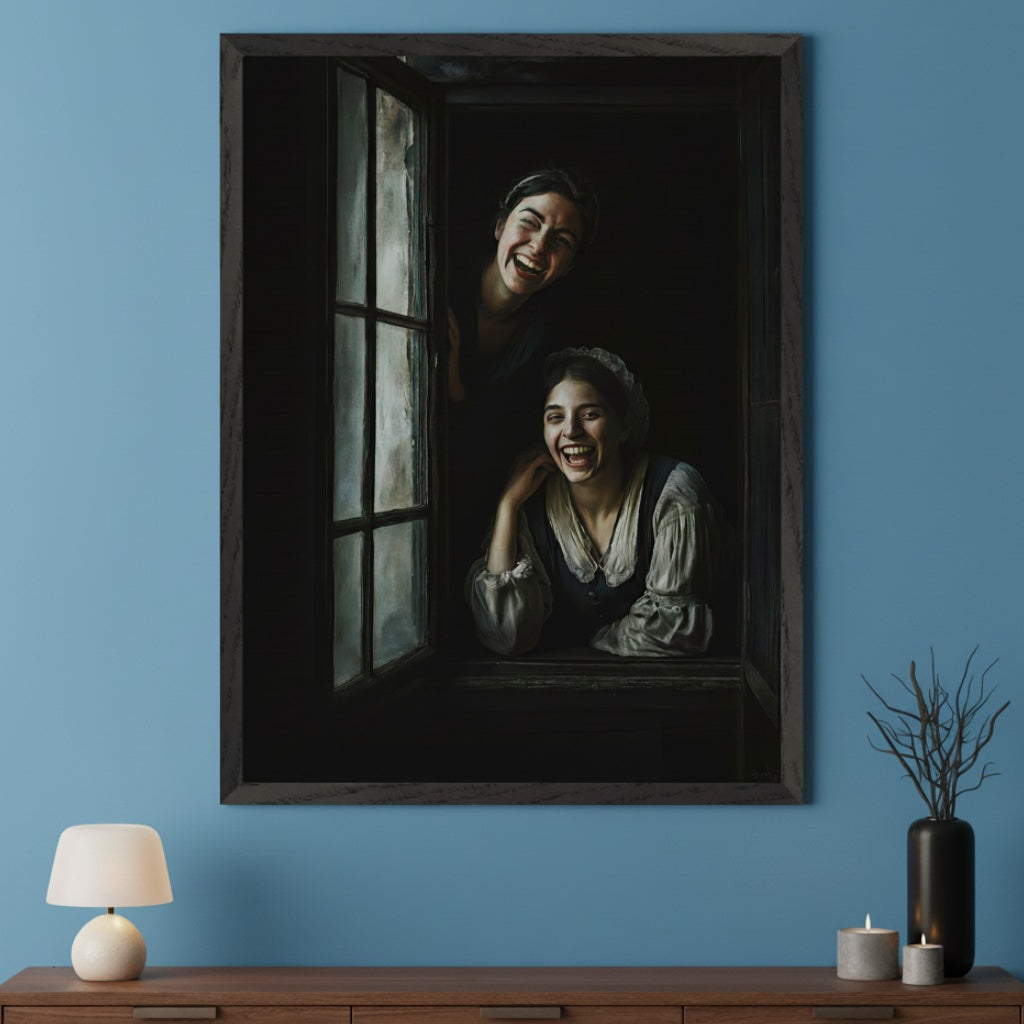 Modern room with a wooden dresser. A large framed painting of two laughing women, one leaning from a dark window, hangs centered above the dresser. The art is in a dark, classic style.