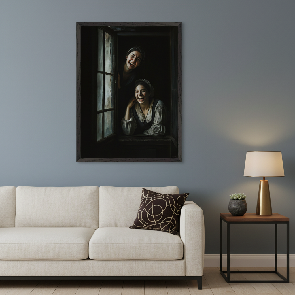 Living room with a cream sofa and a dark wood side table. A large dark-framed painting of two laughing women, one peeking from a dark window and one leaning on its sill, in a classical style, hangs above the left side of the sofa.