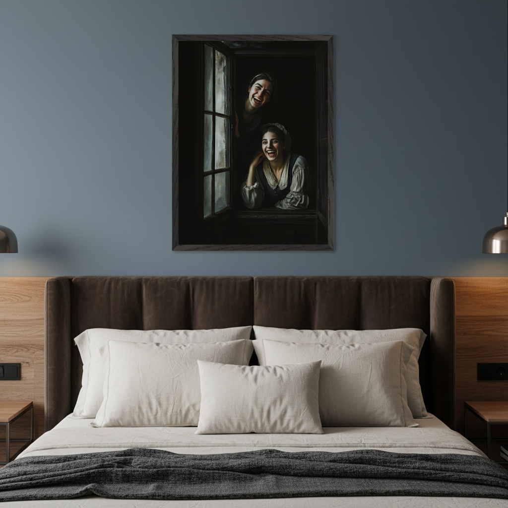 Modern bedroom with a large bed. A framed painting of two laughing women peeking from a dark window hangs centered above the brown upholstered headboard.