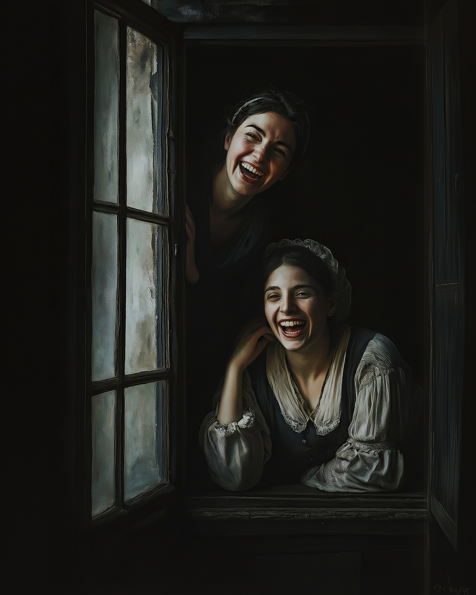Painting in classical style showing two women laughing together while leaning out of a rustic wooden window, illuminated softly against a dark background.
