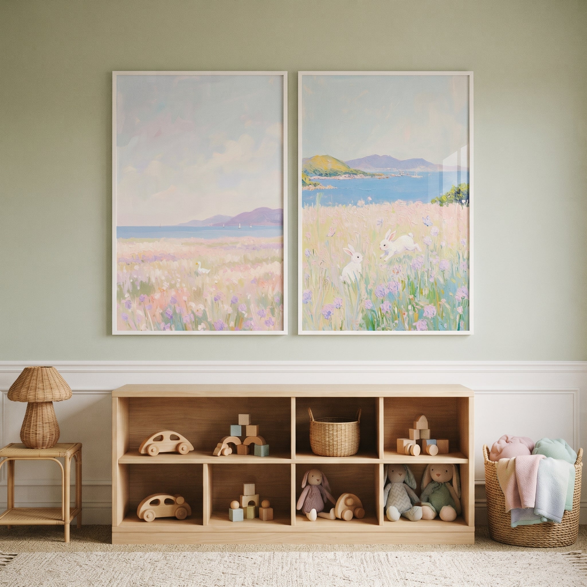 Lavender Coastal White Animals Wall Art Set of 2 - Gentle Coastal Bloom