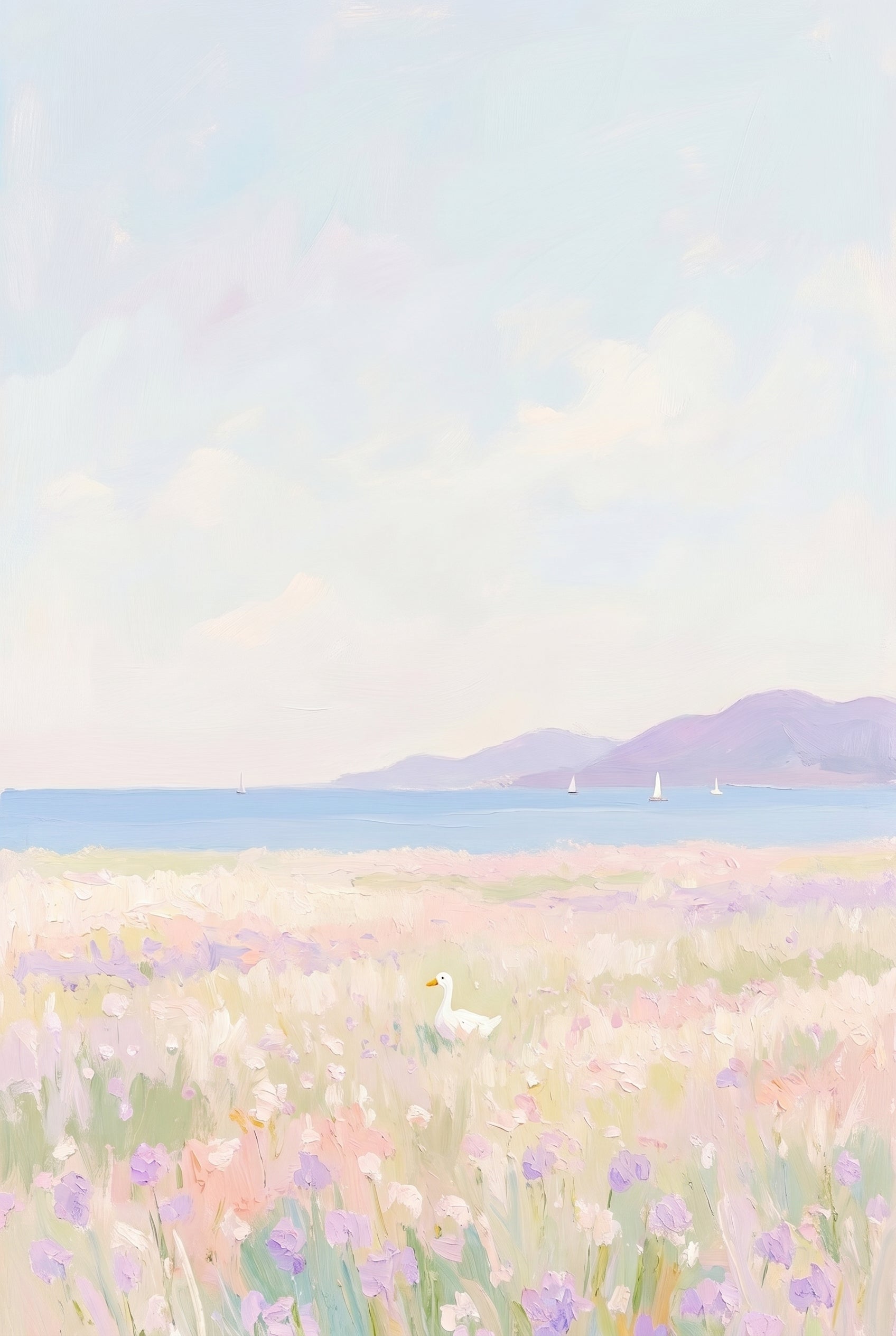 Lavender Field White Duck Wall Art - Serene Coastal Meadow
