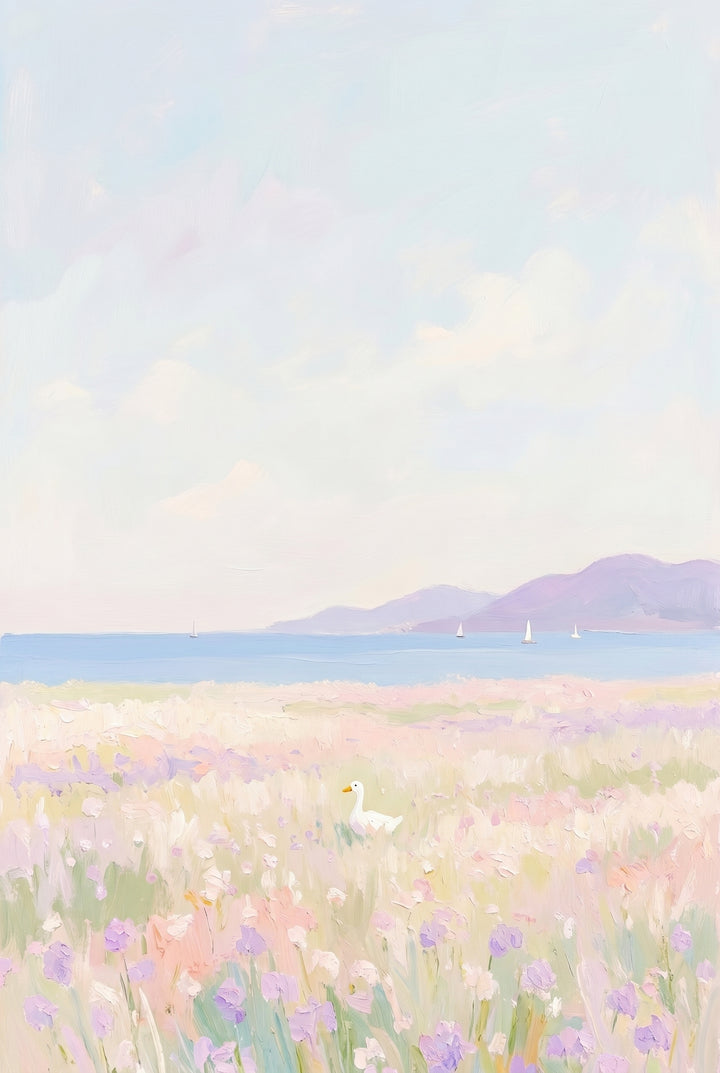 Lavender field white duck wall art with a duck in pastel flowers, a blue sea, distant sailboats, and soft hills.