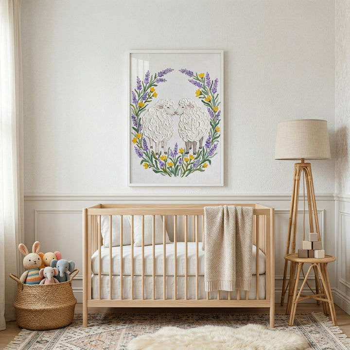Neutral toned nursery with a light wood crib beneath a framed painting of two fluffy sheep touching noses inside a wreath of purple lavender and yellow flowers. A woven basket of plush toys and a warm floor lamp add cozy texture while the artwork creates a gentle calming focal point above the crib.