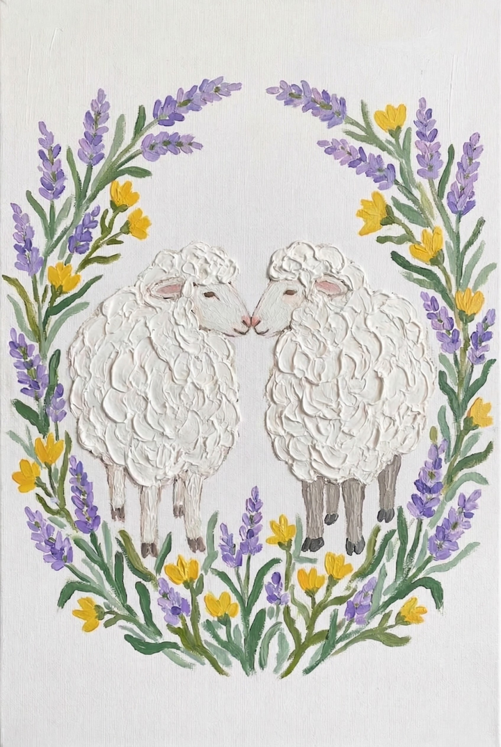 Textured painting of two fluffy sheep gently touching noses at the center of a circular wreath made of purple lavender sprigs and small yellow flowers. Thick brushstrokes add dimension to the sheep’s wool against a clean neutral background, emphasizing a soft calm nursery aesthetic.