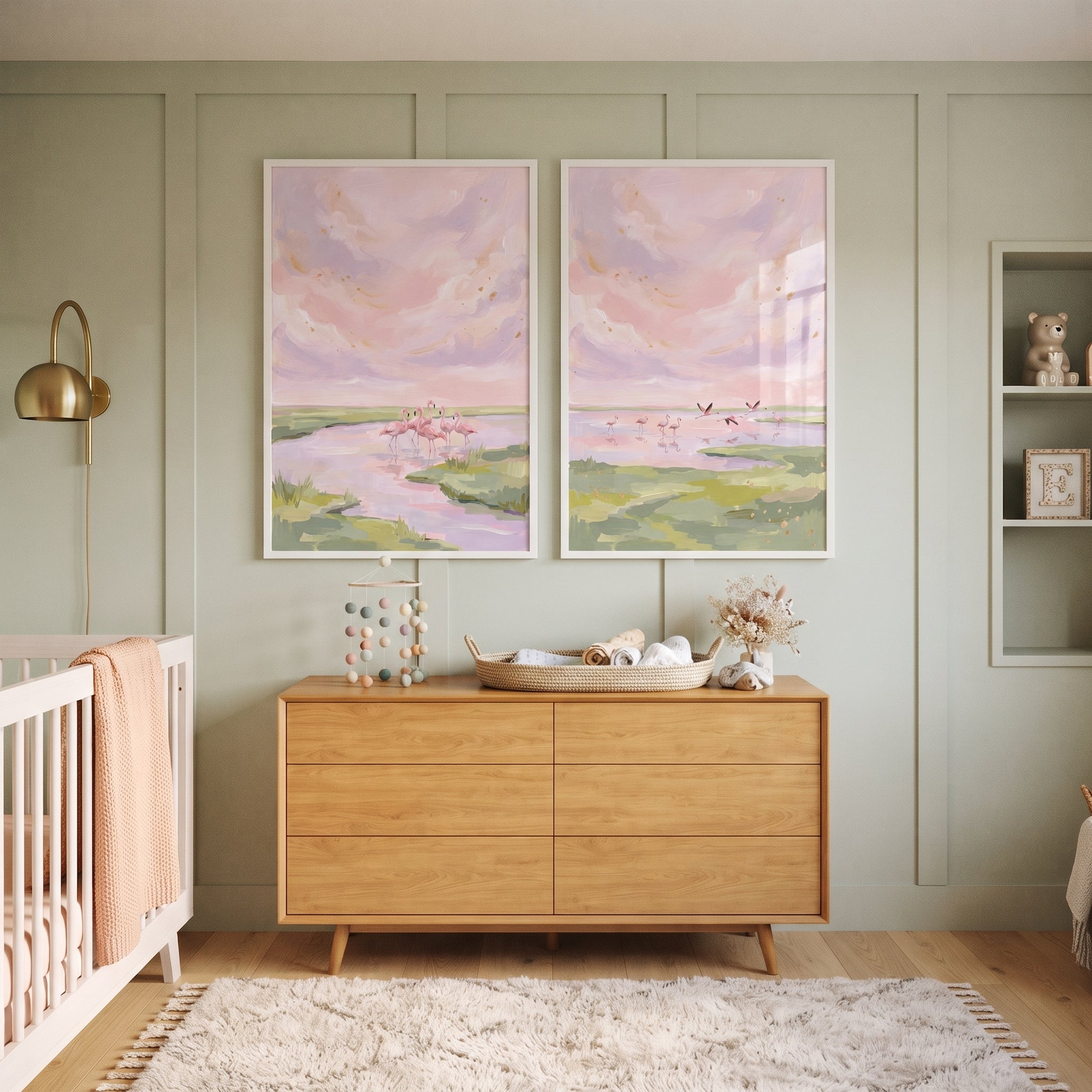 Lavender Gold Sky Flamingo Wall Art Set of 2 - Blush Horizon Flock