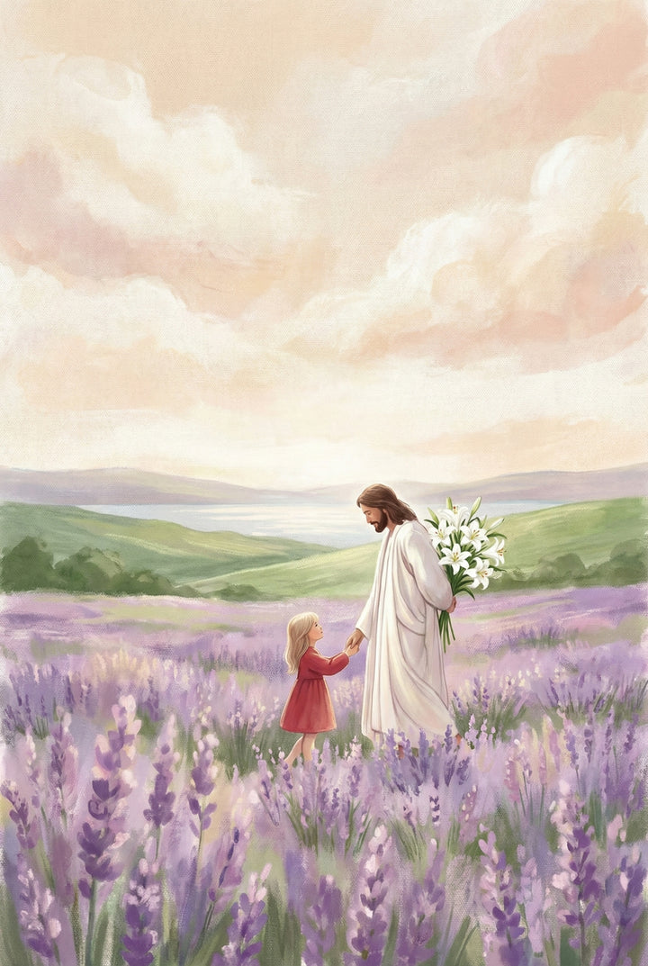 Pastel illustration of Jesus in a white robe holding a bouquet of white lilies while walking hand in hand with a young girl through blooming lavender fields. Rolling green hills and a soft peach sky stretch into the distance. The scene conveys guidance and companionship.
