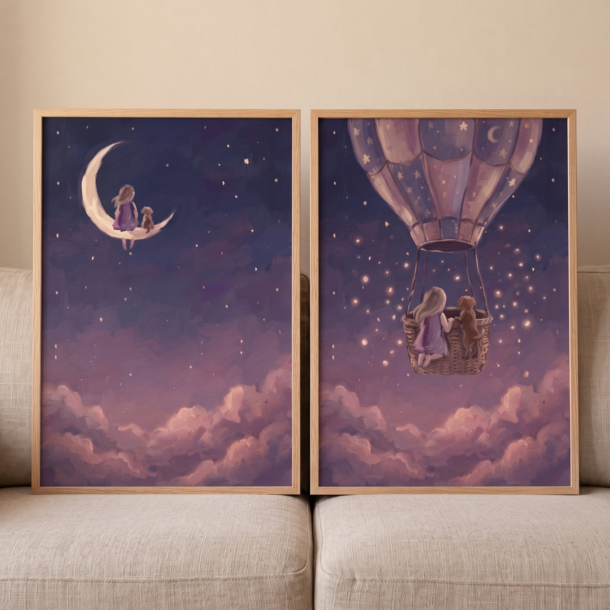 Lavender Night Girl Dog Wall Art Set of 2 - Moonlit Journey