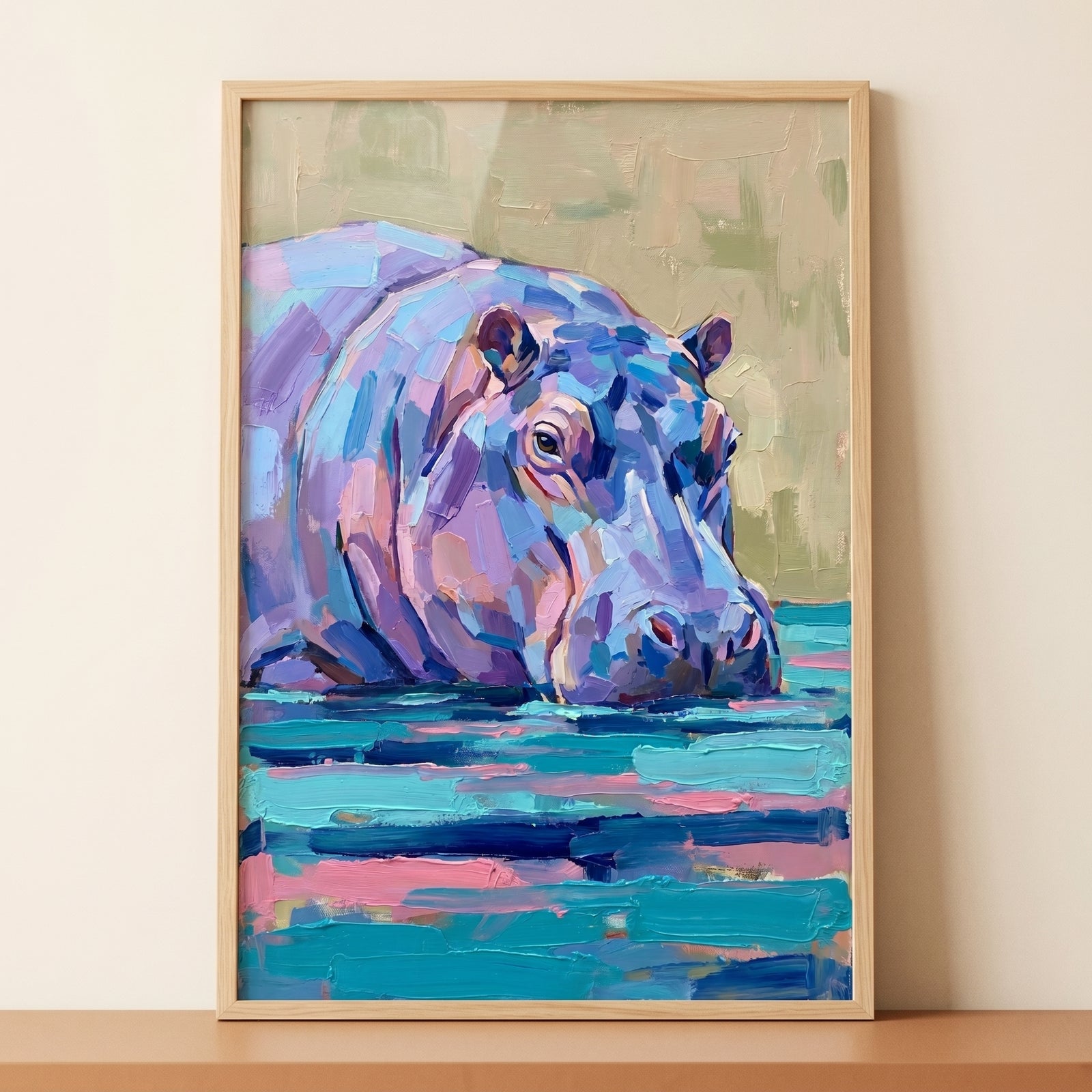 Lavender palette knife hippo wall art features a textured purple hippo in blue water with a light wood frame.