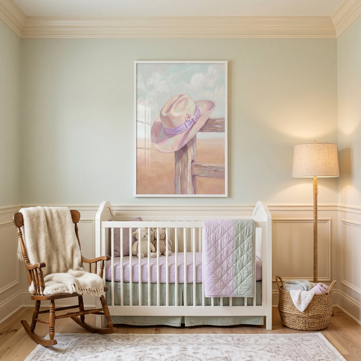 Lavender ribbon cowboy hat wall art hangs above a white crib in a nursery with a wooden rocking chair and floor lamp.