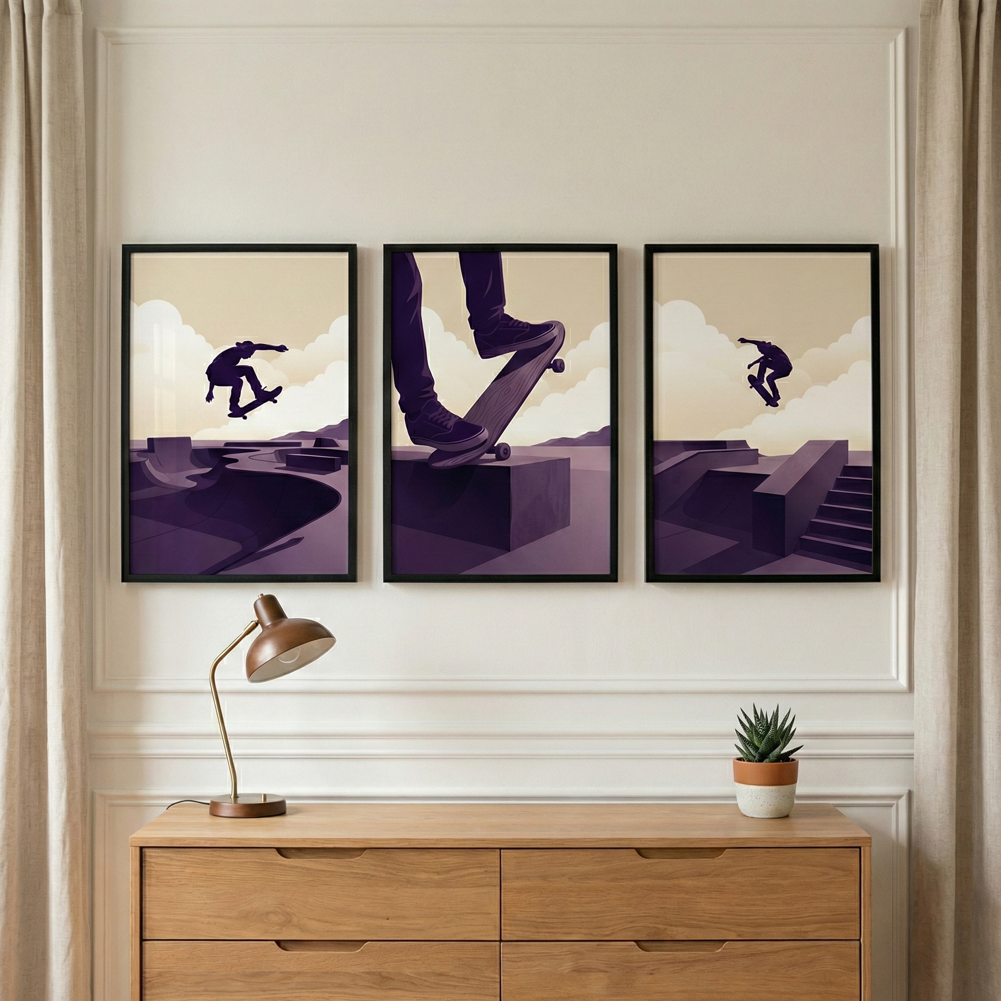 Lavender Skate Park Triptych Wall Art Set of 3 - Concrete Park Jumps