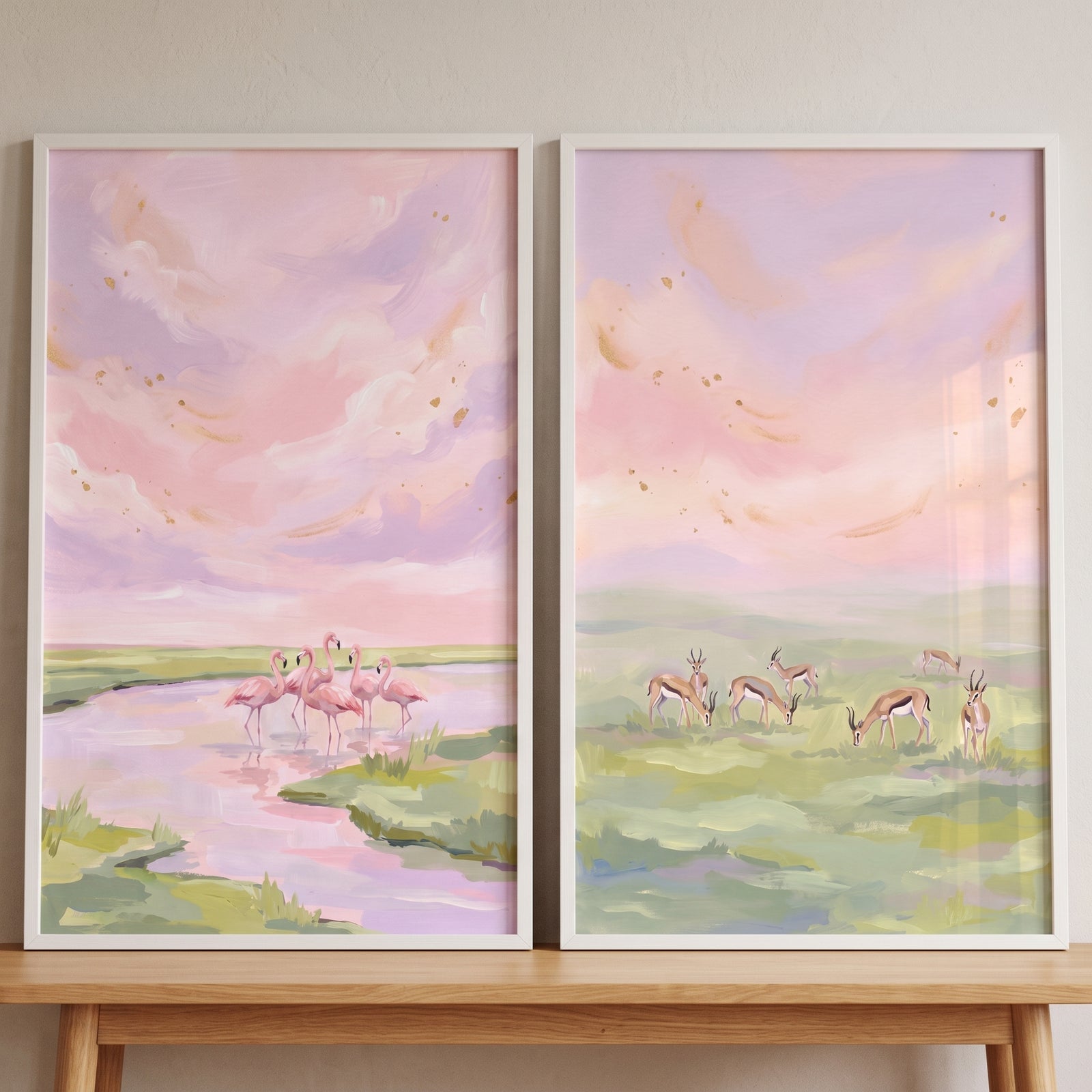 Lavender sky savanna animals wall art set of 2 featuring flamingos wading in water and gazelles grazing in fields.