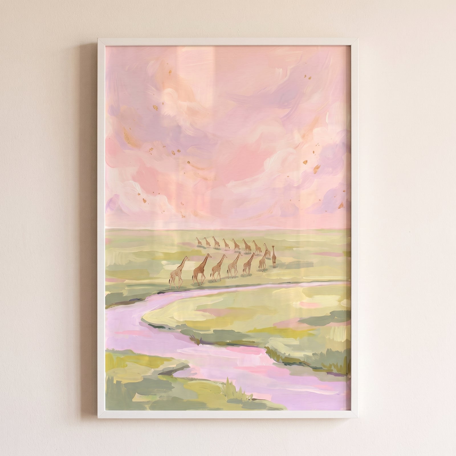 Lavender sky walking giraffe animal wall art showing a line of giraffes by a winding pink river under soft pastel clouds.