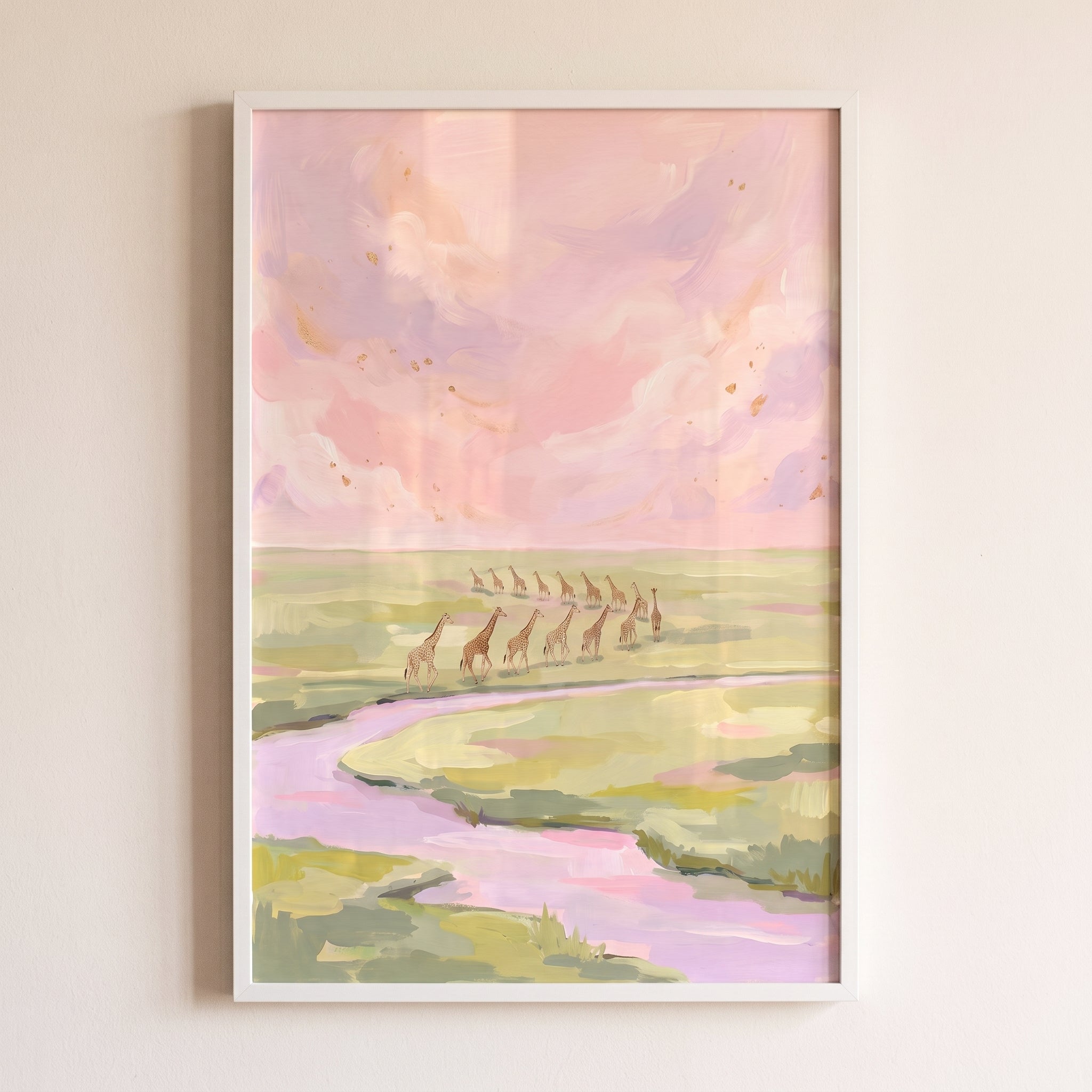 Lavender Sky Walking Giraffe Animal Wall Art - Pink Savanna Dream