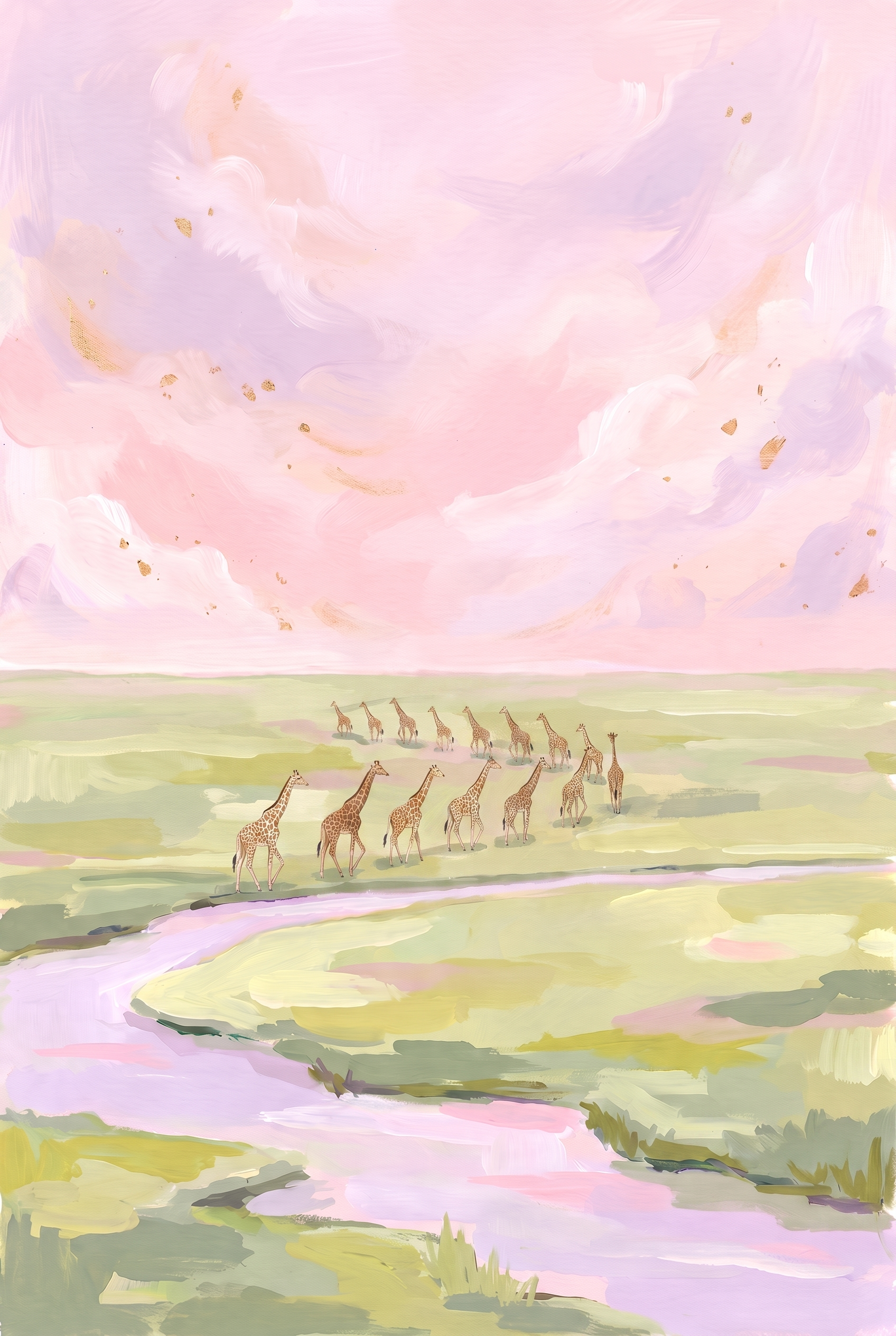 Lavender Sky Walking Giraffe Animal Wall Art - Pink Savanna Dream