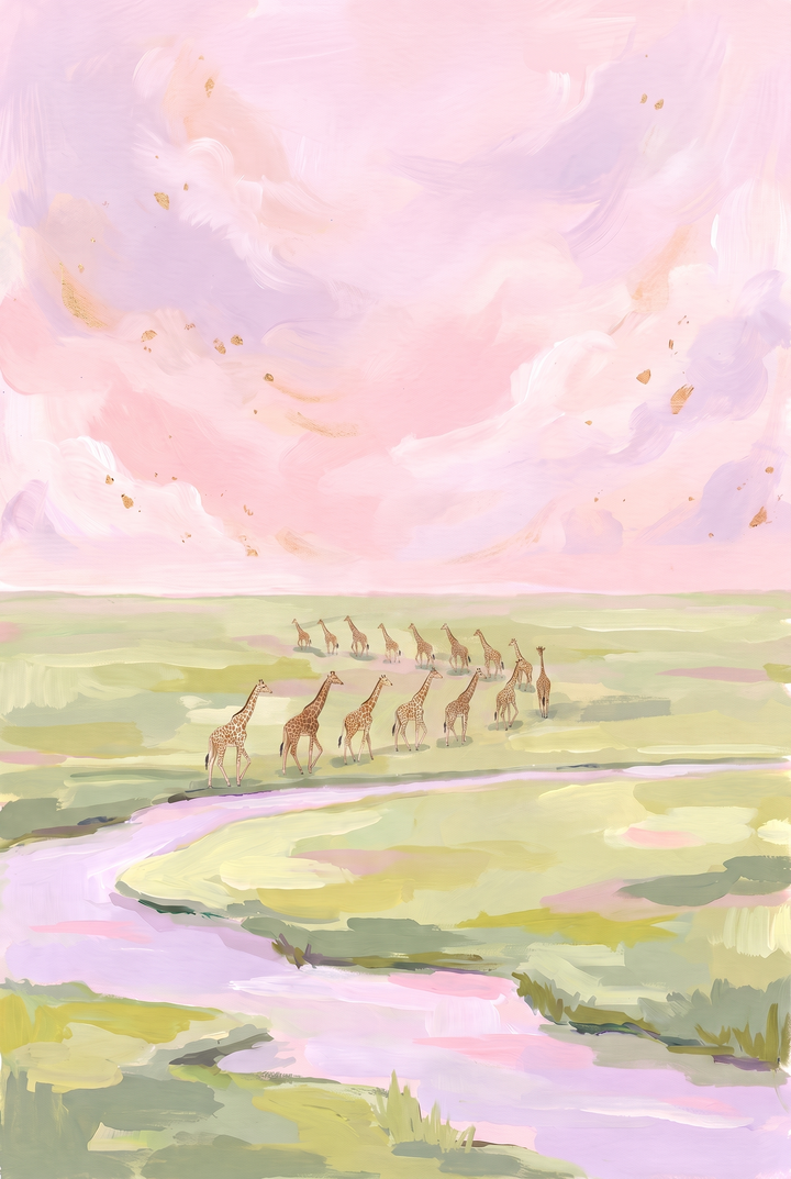 Giraffes roam a green field beside a pink river in this lavender sky walking giraffe animal wall art.