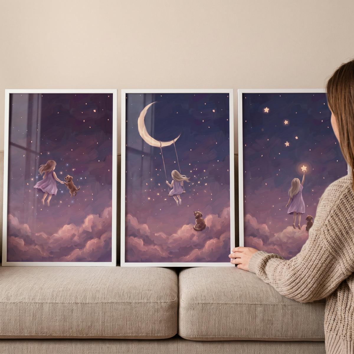 Lavender starlit girl dog wall art set of 3 featuring a child and puppy in a dreamy night sky with stars and a moon.