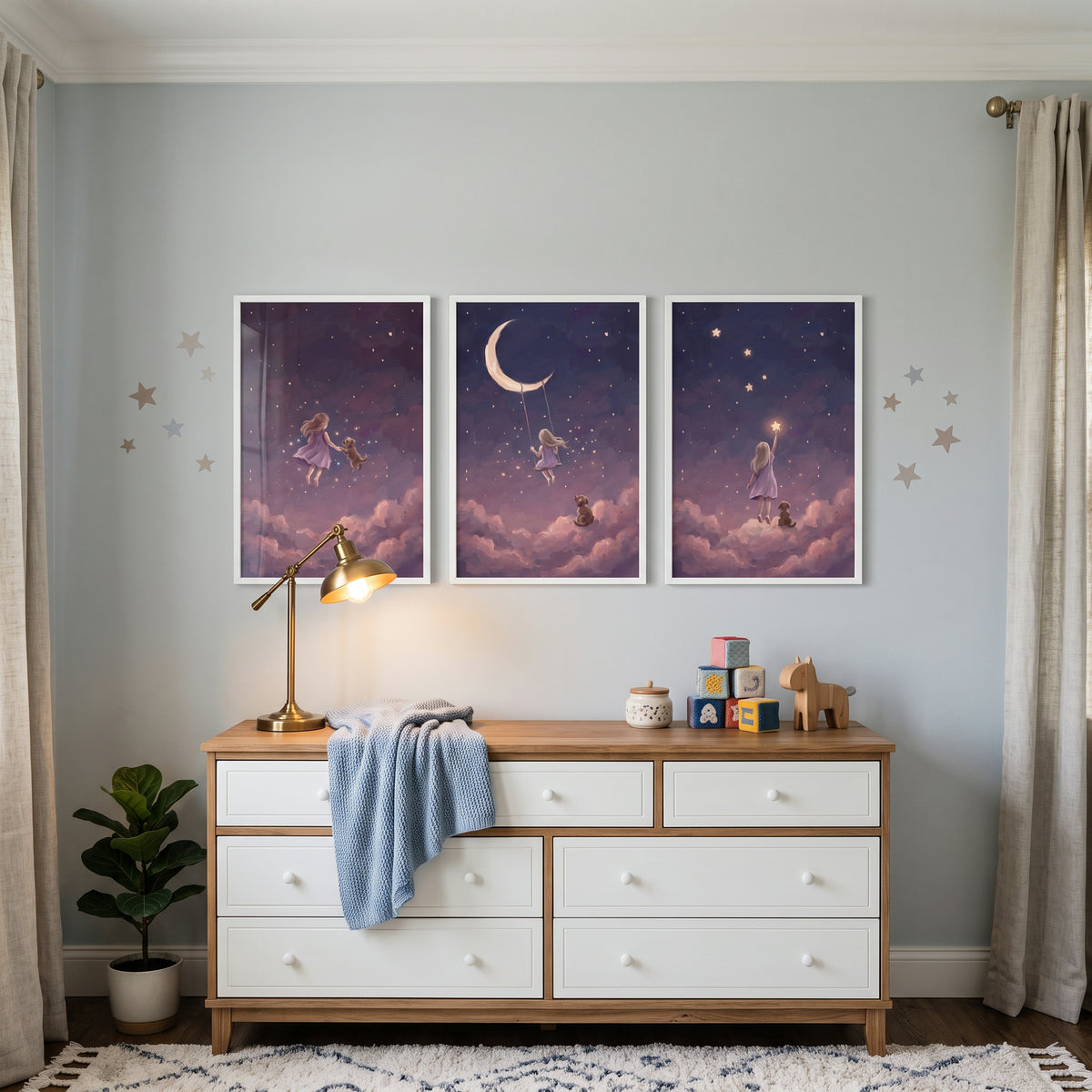 Lavender Starlit Girl Dog Wall Art Set of 3 - Starlit Dream Journey