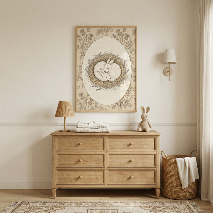 Neutral nursery setup with a wooden dresser, soft textiles, and a woven basket beneath a framed illustration of two rabbits curled together in a nest surrounded by delicate floral details. The artwork adds a gentle and soothing focal point that complements the calm, natural tones of the room.