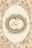 Two white rabbits are nestled closely together in a circular nest of straw, accented by sprigs of purple lavender. This central scene is framed within a large, vertical oval. The area outside the oval is filled with a detailed, vintage-style repeating pattern of roses and thistles. The entire illustration is rendered in a delicate line drawing style with warm, sepia-toned colors, creating a classic botanical aesthetic that is peaceful and elegant.