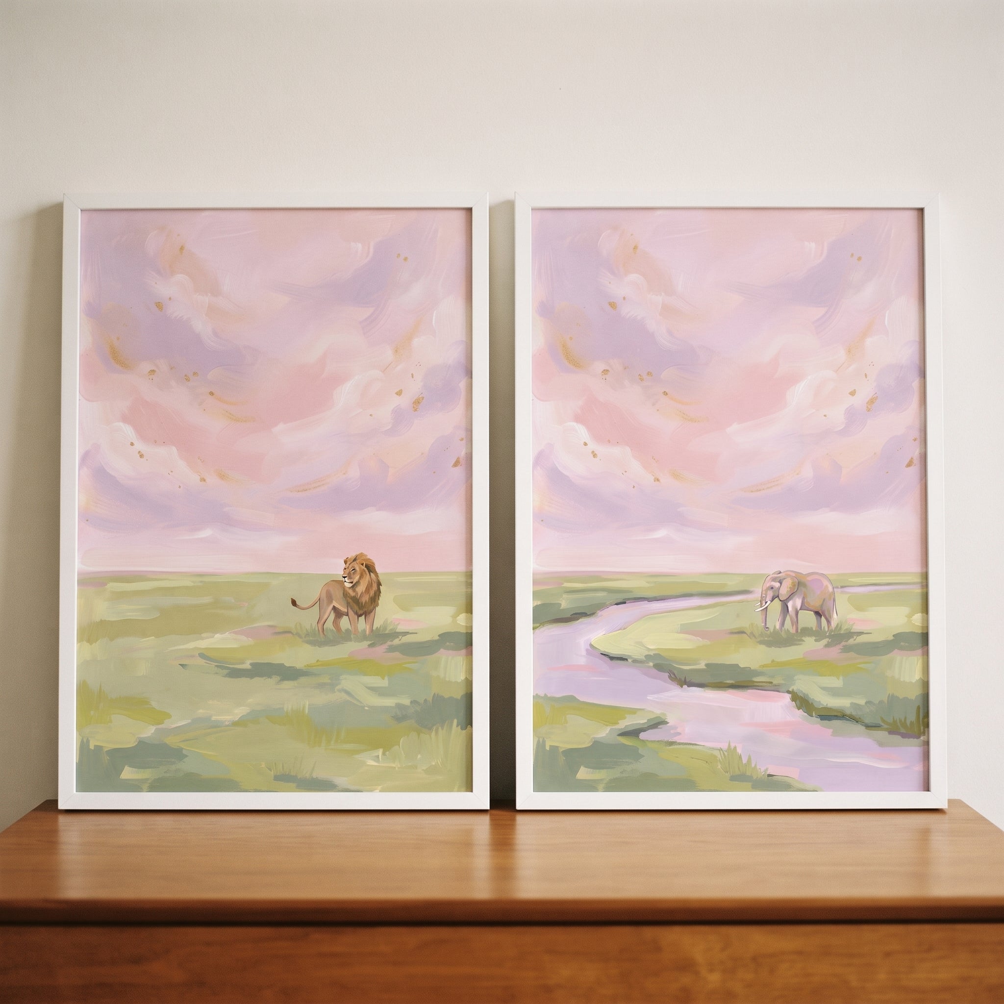 Lavender Sunset Safari Animals Wall Art Set of 2 - Pastel Savanna Skies