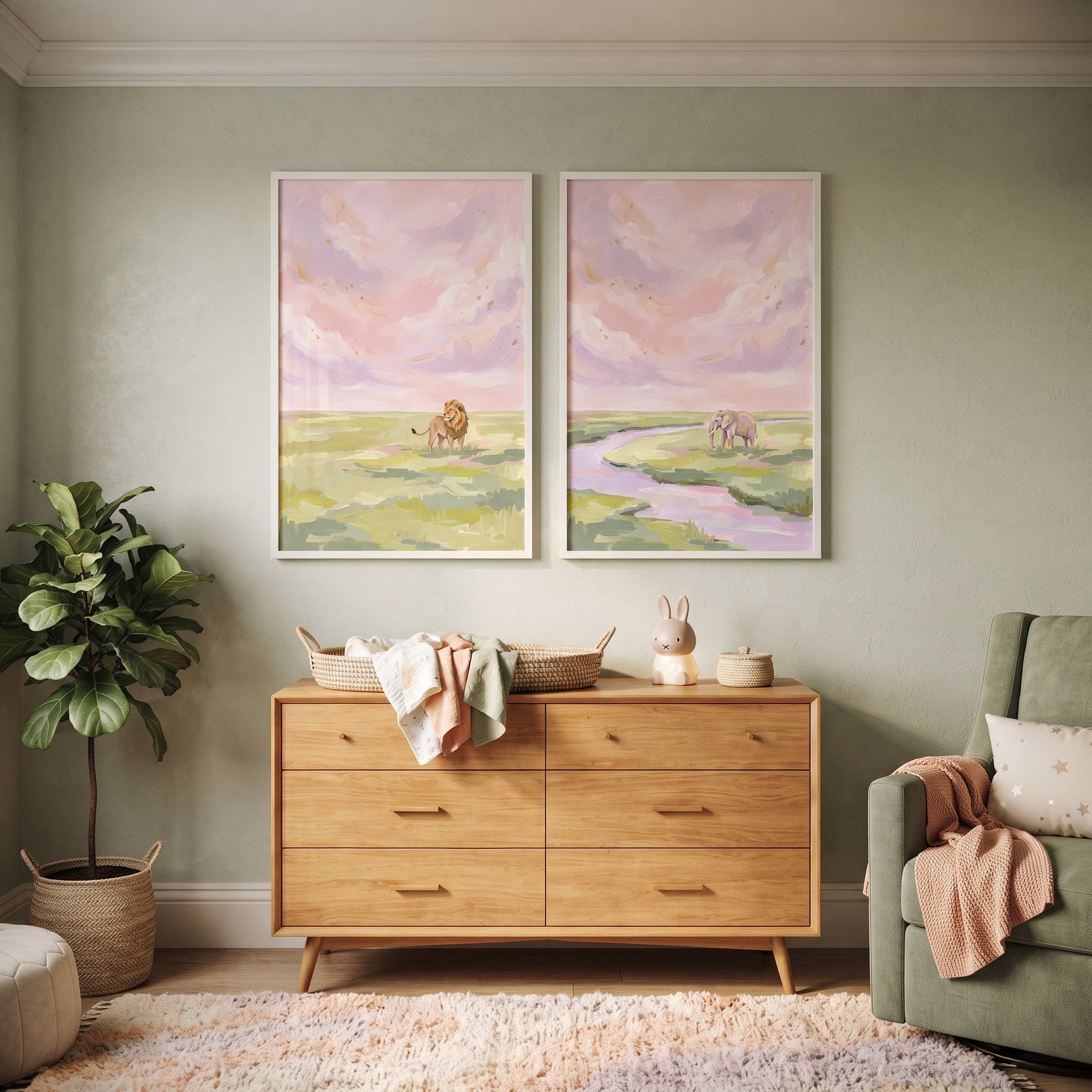 Lavender Sunset Safari Animals Wall Art Set of 2 - Pastel Savanna Skies