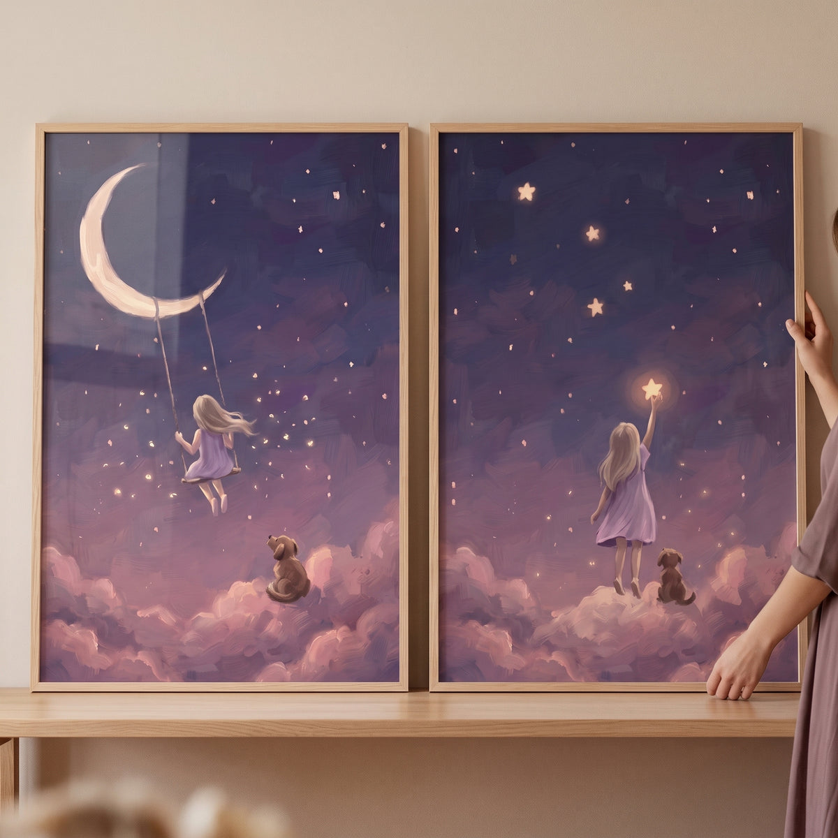 Lavender twilight girl dog wall art set of 2 featuring a child swinging on a moon and reaching for a star above clouds.