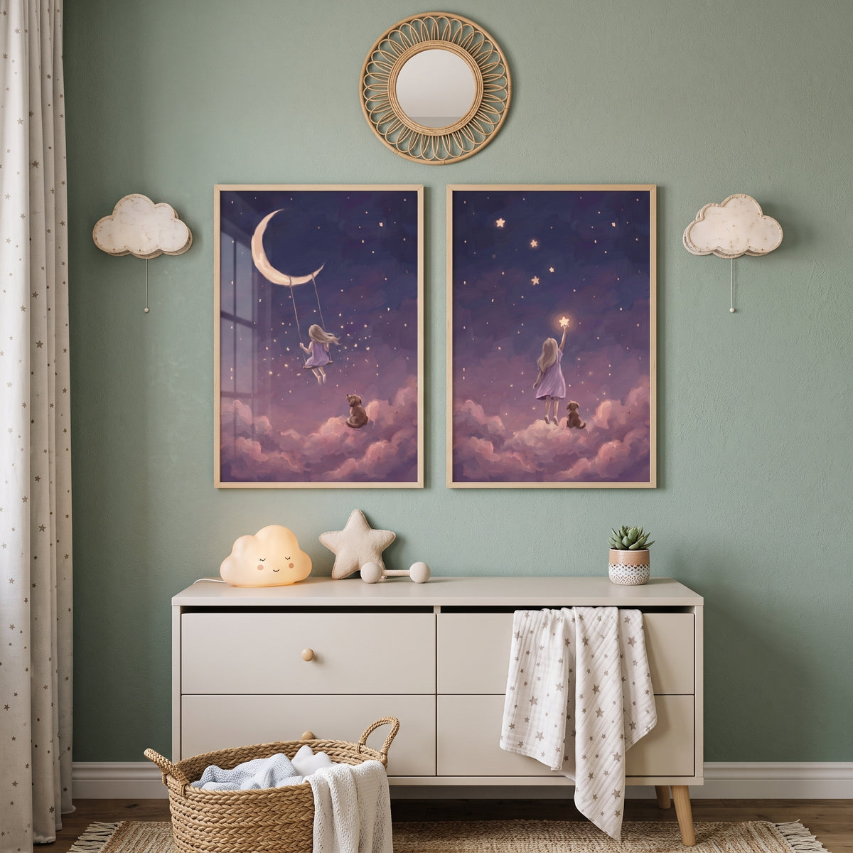 Lavender Twilight Girl Dog Wall Art Set of 2 - Moonlight Dream World